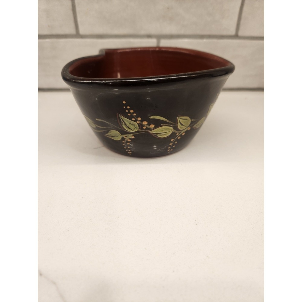 2008 Signed Eldreth Redware Pottery Heart Dish Bowl Hand Painted Leaf Design
